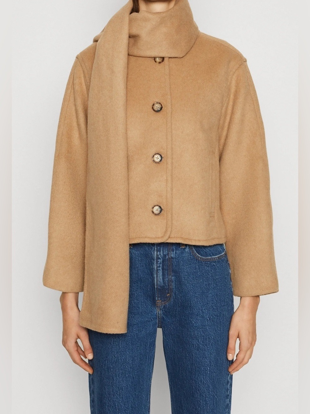 Abercrombie & Fitch Camel Scarf-Collar Wool Blend Button-Up Jacket